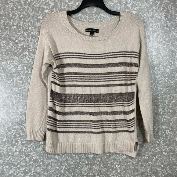 Rock & Republic Women's Beige & Silver Metallic Striped Sweater - Size Large - Picture 1 of 7